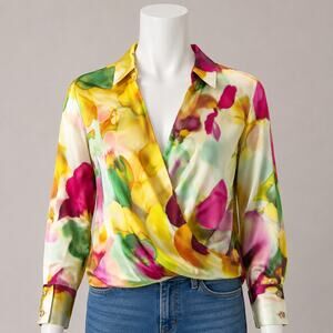 Zara Abstract Floral Satin Blouse Multicolor Women’s XS Long Sleeve Surplice